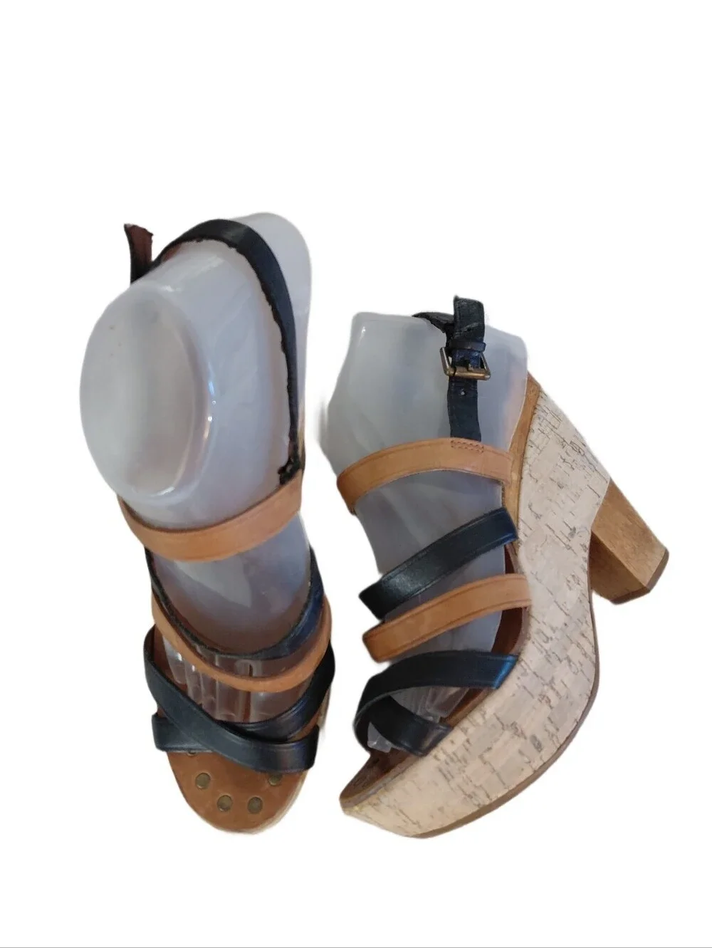Anthropologie Black and Brown Strappy Platform Cork Wedge Sandals Size 8 B